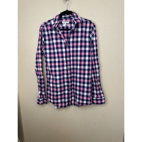 Express Mens Extra Slim Fit Pink & Navy Checkered Button-Up Shirt Medium collar - Picture 1 of 6